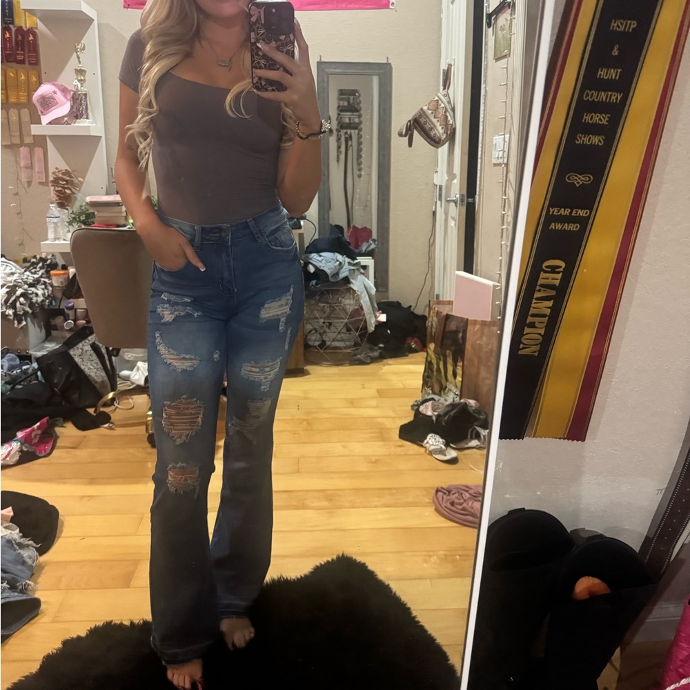 Blue Flare Wide Leg Jeans with High Waist